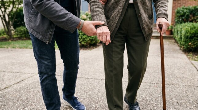 Helpful young man gently assists an elderly person walking down a paved driveway while providing steady physical support with his hand on a warm afternoon