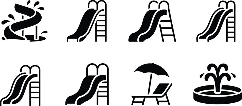 Water, park slide icon set featuring black silhouette symbols for aqua park attractions and summer recreation, vector illustration.
