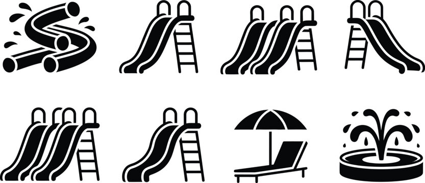 Water, park slide icon set featuring black silhouette symbols for aqua park attractions and summer recreation, vector illustration.