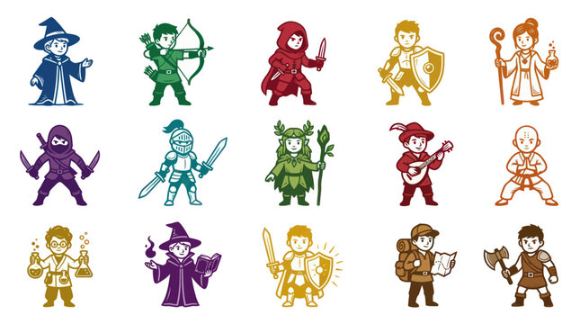 Flat Vector Icons of Fantasy RPG Characters - Dungeons and Dragons Game Art