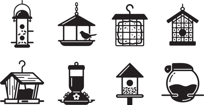Eight stylish bird feeders illustration set with birds Vector