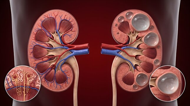 Illustration comparing healthy human kidney anatomy with a kidney affected by polycystic disease, showing internal structures and fluid-filled cysts