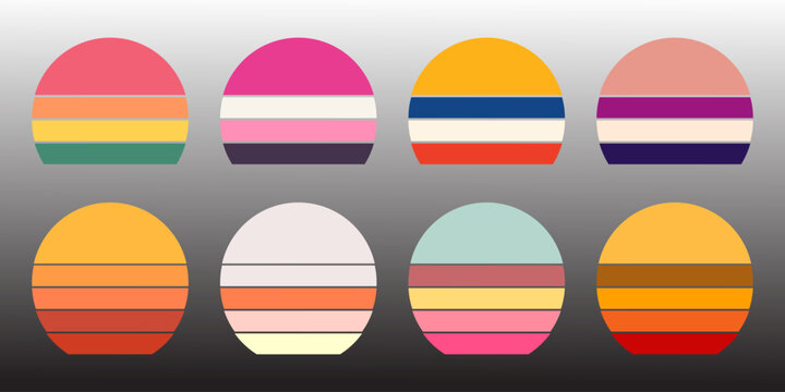 Retro sunset circles collection, vintage 80s sun graphic elements, 8 striped semi-circle vector icons for t-shirt design and posters