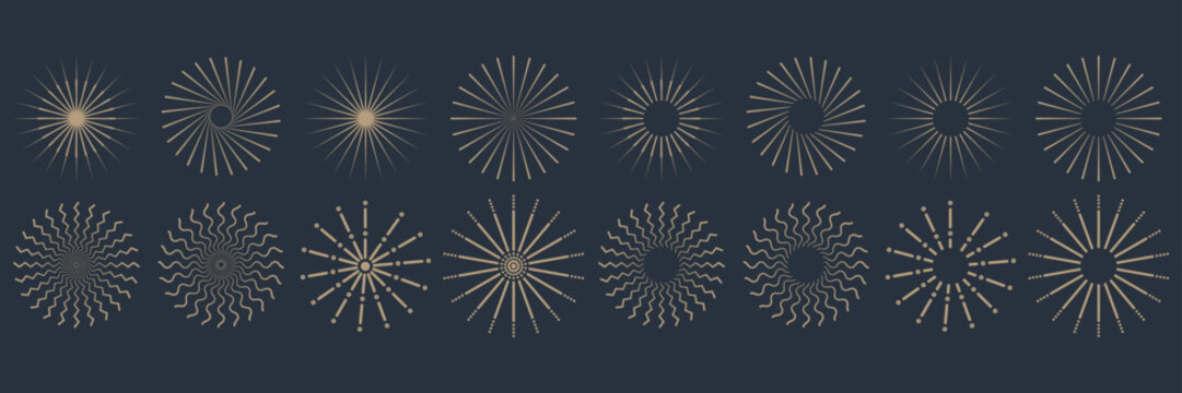 Vintage sunburst collection with 16 gold radial starburst elements, retro sun ray line art set, elegant geometric circular burst icons for logo design