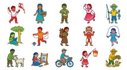 Naklejka premium Diverse Children Performing Various Activities in Flat Illustration Style