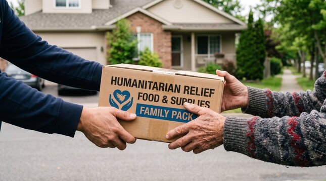 Close up of a volunteer delivery person handing a cardboard humanitarian relief food supplies family pack box to an elderly person in a suburban neighborhood setting