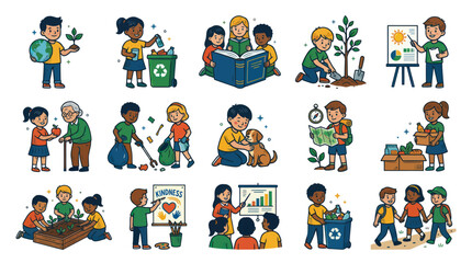 Fototapeta premium Childhood Education Environmental Awareness Flat Vector Illustration - Kids Positive Social Values Activities