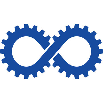 Blue infinity symbol made of gears representing continuous workflow, development cycle, and limitless potential
