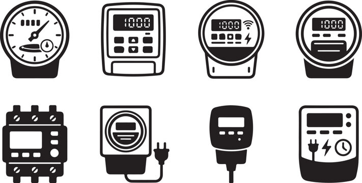 Eight electrical meters and devices flat illustration set Vector