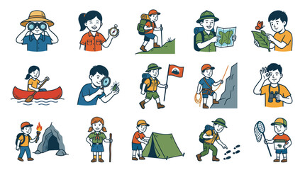 Fototapeta premium Outdoor Adventure Kids Camping Hiking Nature Exploration Icons Flat Vector Art