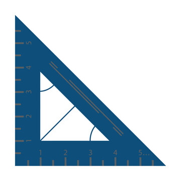Blue drafting triangle ruler with measurement markings, scale, and angle indicators, isolated on white