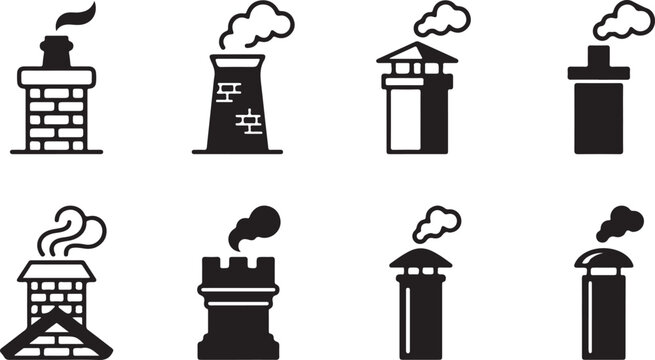 Eight black smoke emitting chimney and factory icons set Vector