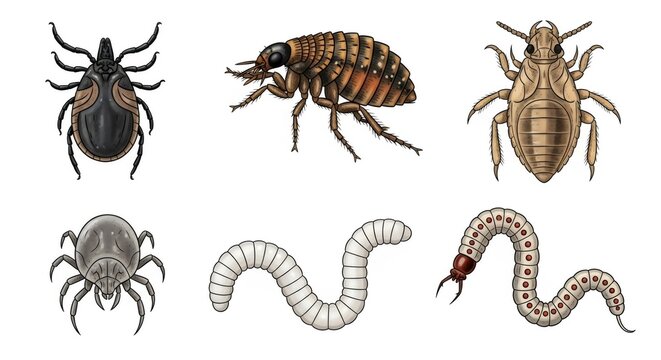 Collection of dangerous parasites including tick, flea, louse, mite, and various helminth worms. Veterinary medicine illustration for livestock and pet disease prevention information.