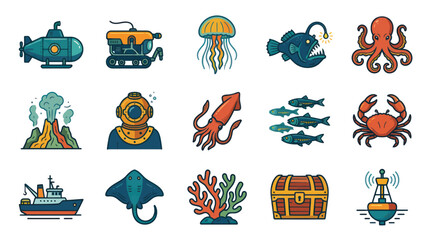 Obraz premium Ocean and Sea Life Outlined Color Vector Icons Set for Underwater Exploration and Marine Adventures