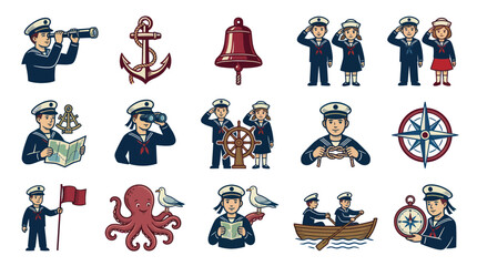 Naklejka premium Nautical Theme Vector Icons: Sailors, Anchor, Compass, Ship Wheel, Octopus, Bell