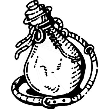 Leather wineskin flask flat vector illustration, medieval drink container