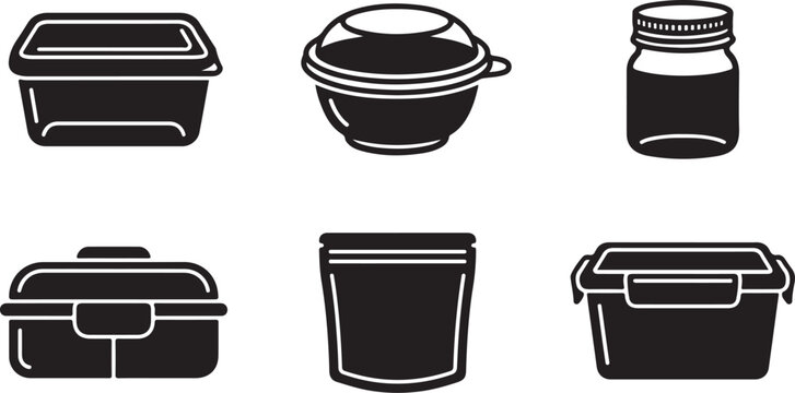 Six black food storage containers with lids Vector