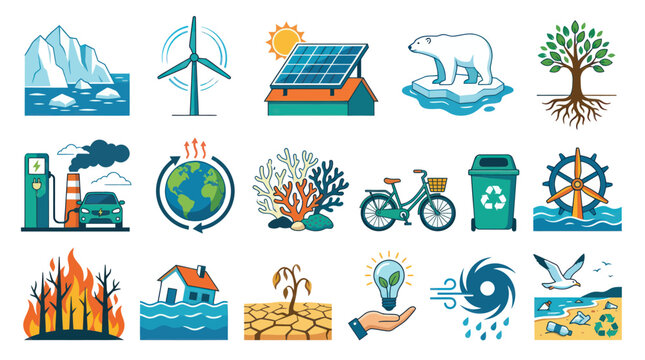 Flat Environmental Icons Set: Climate Change, Ecology, Nature, Sustainability, Global Warming, Renewable Energy Vectors