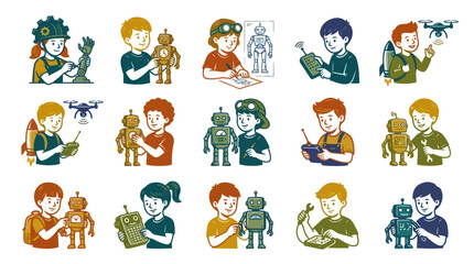 Fototapeta premium Kids Building Robots and Drones, Tech Education, Flat Design Vector Art