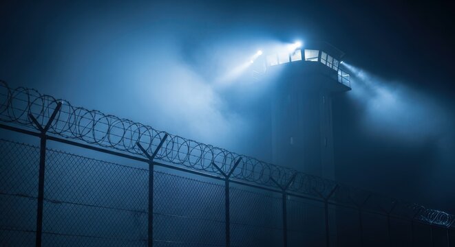 High Security Prison Watchtower with Searchlights at Night in Thick Fog Behind Barbed Wire Fence