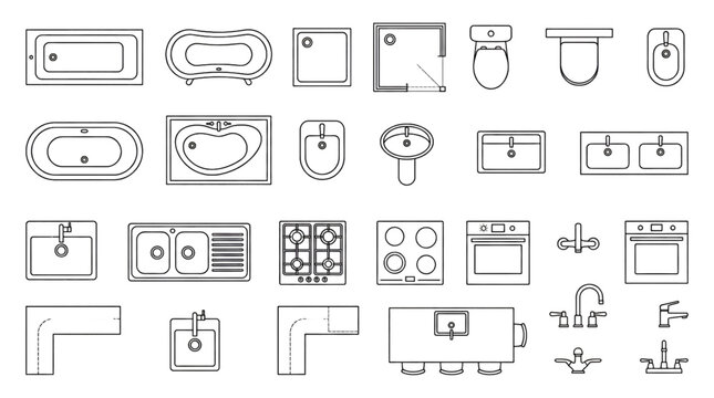 Top View Bathroom and Kitchen CAD Blocks Black and White Vector Floor Plan Symbols with Bathtub Shower Toilet Sink and Stovetop
