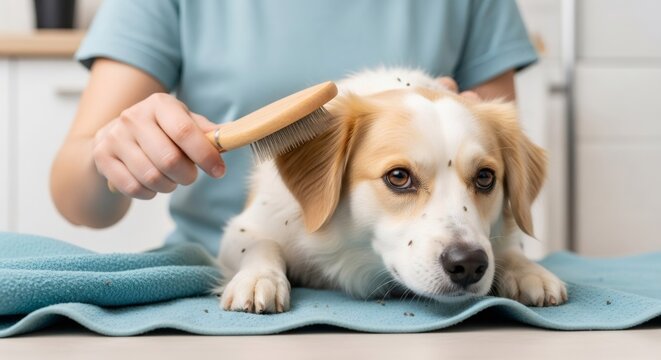 Woman combing dog hair to remove ticks and flea. Pet owner caring for sick animal suffering from parasite infestation. Veterinary hygiene and disease prevention for home pet maintenance.