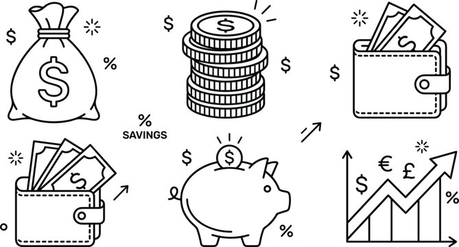Money savings investment icons set with dollar bag coin stack wallet piggy bank growth chart linear vector outline