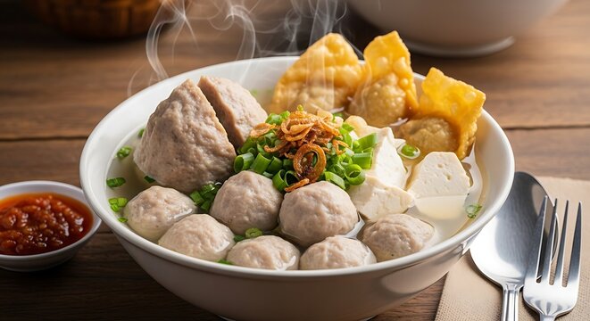 Indonesian bakso meatball soup close up