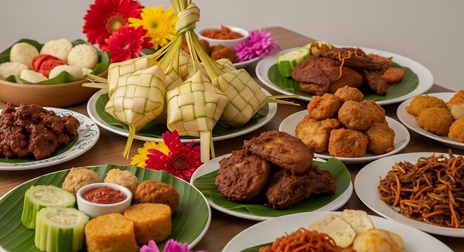 Indonesian festive cuisine with ketupat on a table