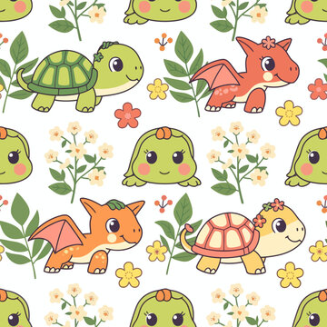 Cute cartoon turtles and dragons with flowers