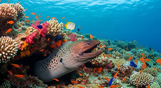 Moray eel in a vibrant coral reef