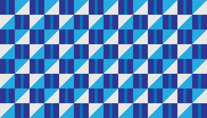 Fototapeta premium Seamless pattern background with geometric abstract squares, triangles, and vertical stripes in various shades of blue and white.