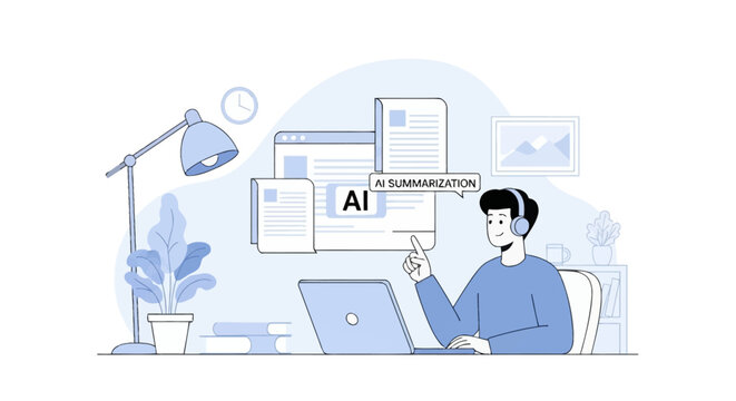 Flat vector illustration of a male remote worker using a laptop to summarize digital documents with AI technology, featuring floating screens, a desk lamp, and a plant in a room.