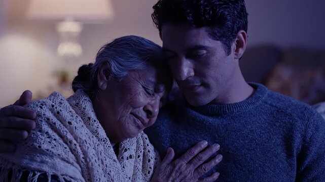 Compassionate young man comforting his elderly mother with a gentle hug at home, showcasing emotional support, deep connection, and unconditional love during a quiet moment in the evening.