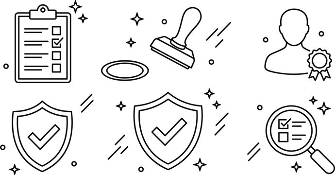 Quality assurance icons set with checklist stamp shield and certificate linear vector outline illustration on white background