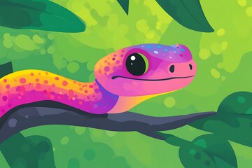 Obraz premium A vibrant and colorful cartoon lizard resting on a green jungle branch