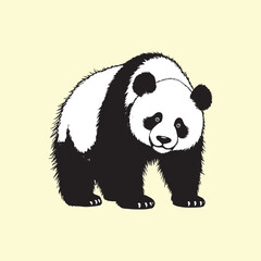 Hand drawn style vector panda bear, cute, fluffy, shaggy fur texture, standing and looking forward, simple character design isolated on light cream background © Aryanto