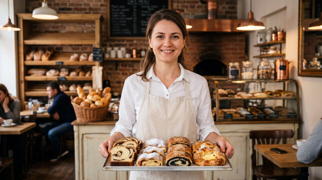 A young Romanian baker holds a tray of fresh pastries with direct friendly eye contact toward the camera, warm bakery interior behind her. Small business owner concept