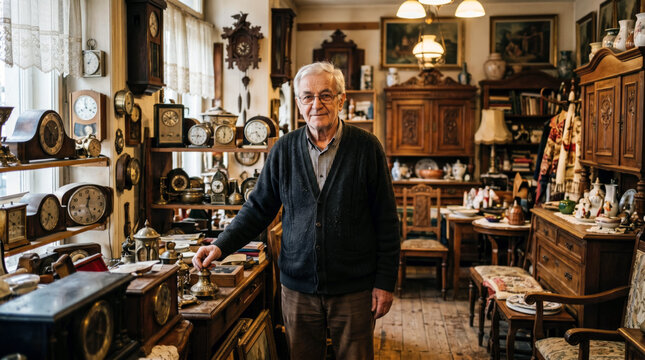 An elderly Serbian antique shop owner stands with a calm thoughtful expression toward the camera, antique clocks and furniture surrounding him inside the cluttered vintage store. Small business owner 