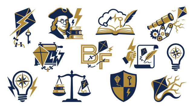 Collection of Icons Representing Innovation, Knowledge, and Discovery, Featuring Benjamin Franklin.
