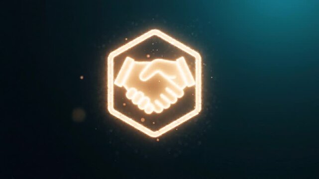 Handshake icon forming within a hexagon glowing particles digital animation sequence agreement video partnership collaboration deal