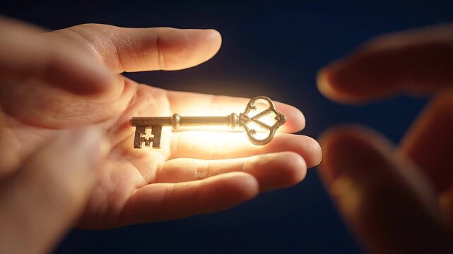 Hand holding glowing ornate key with light emission three frame video sequence emission illumination unlocking security access