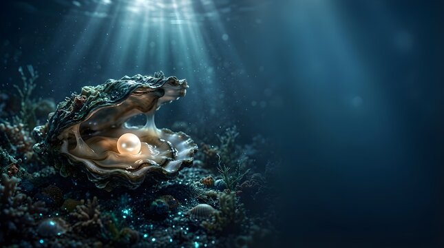 A glowing pearl inside an open oyster shell on the dark ocean floor
