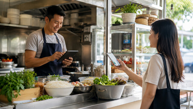 Southeast Asian food vendor using tablet for digital orders at clean stall