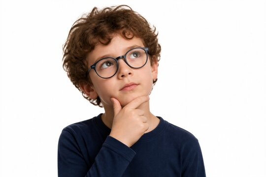Curly-haired boy with glasses looks thoughtful. He rests his chin on his hand. His gaze is upward, as if pondering. Studio shot against a plain white background. Ideal for education, creativity