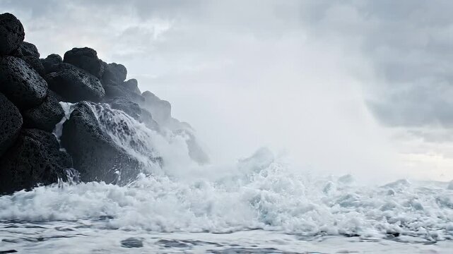 Ocean wave crashing against rocky coastline during stormy weather three panel footage video rocks storm sea water