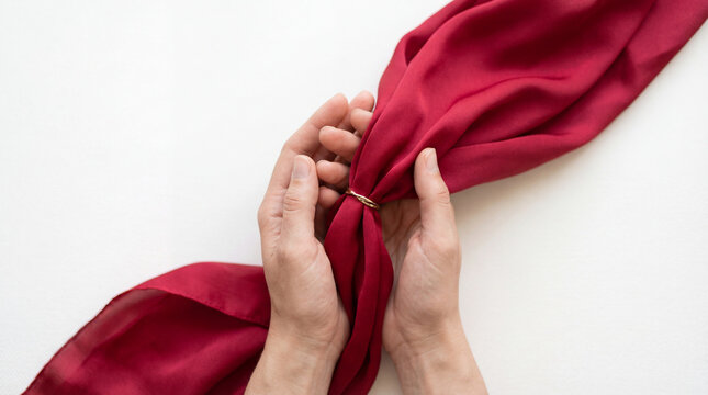 Hands fastening gold ring around red silk scarf on white surface showing romantic gesture luxury fabric detail wedding symbolism gift wrapping creativity elegant minimal style bridal keepsake concept