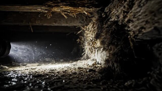 Flashlight illuminating dark crawl space under damaged floorboards, inspecting termite damage and dry rot in old residential wood structure construction maintenance and home renovation.
