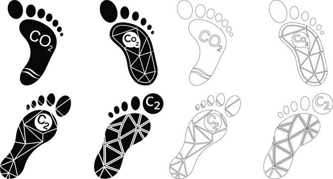 Set of carbon footprint with co2 text and geometric triangle patterns in black and white outline styles