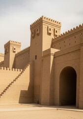 Fototapeta premium Reconstructed Ancient City Walls of Babylon with Majestic Towers and Arched Entrance in Iraq